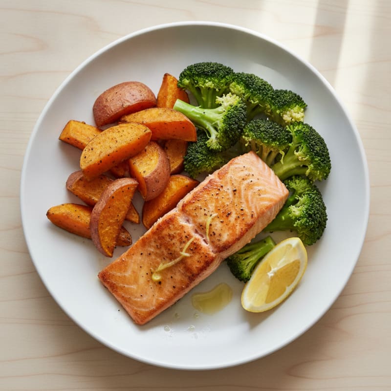 Seared Salmon with Roasted Sweet Potatoes and Steamed Broccoli