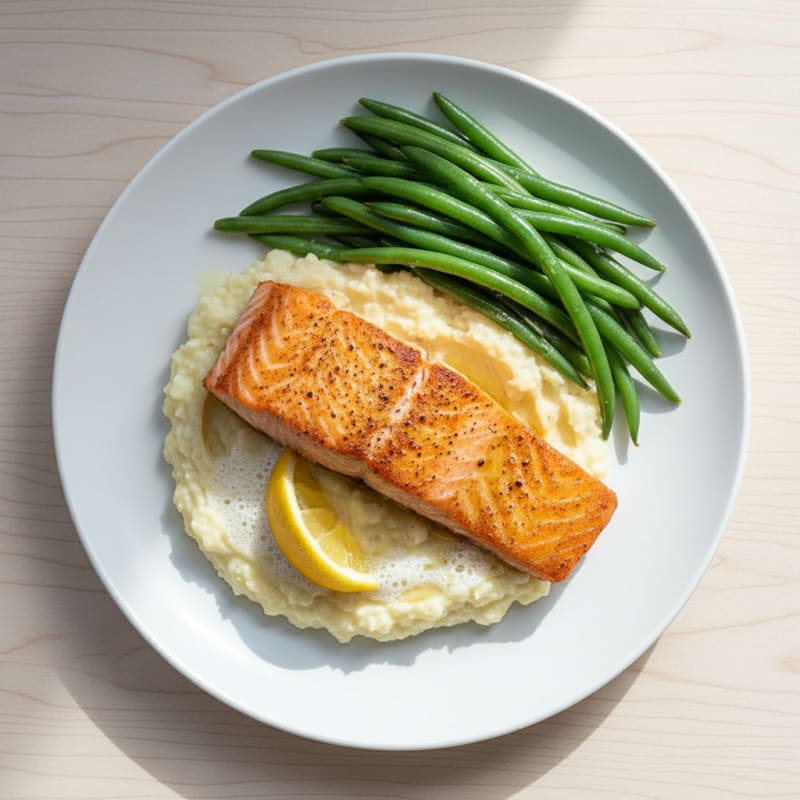 Seared Salmon with Steamed Green Beans and Cauliflower Mash