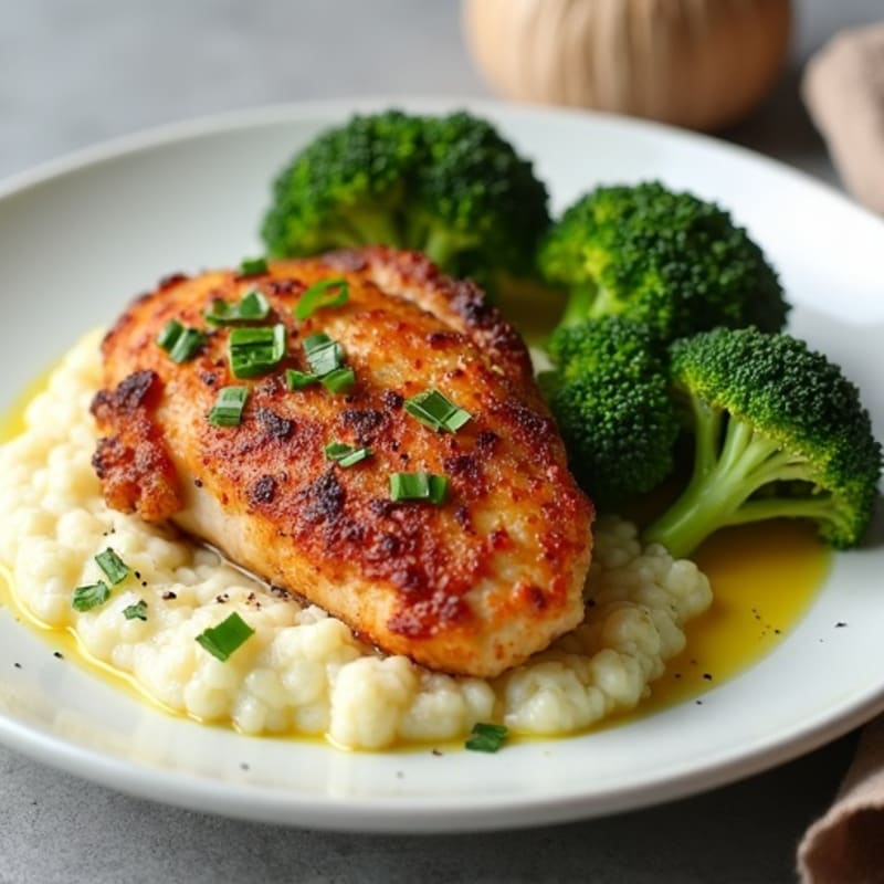 Crispy Skin Chicken Thighs with Roasted Broccoli and Creamy Garlic Cauliflower Mash
