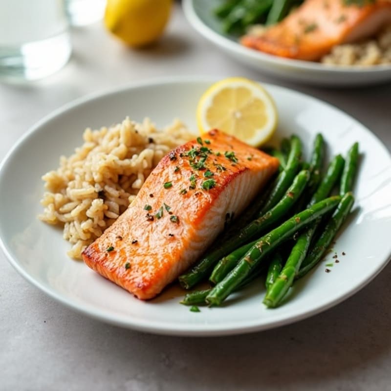 Seared Salmon with Garlic Green Beans and Brown Rice