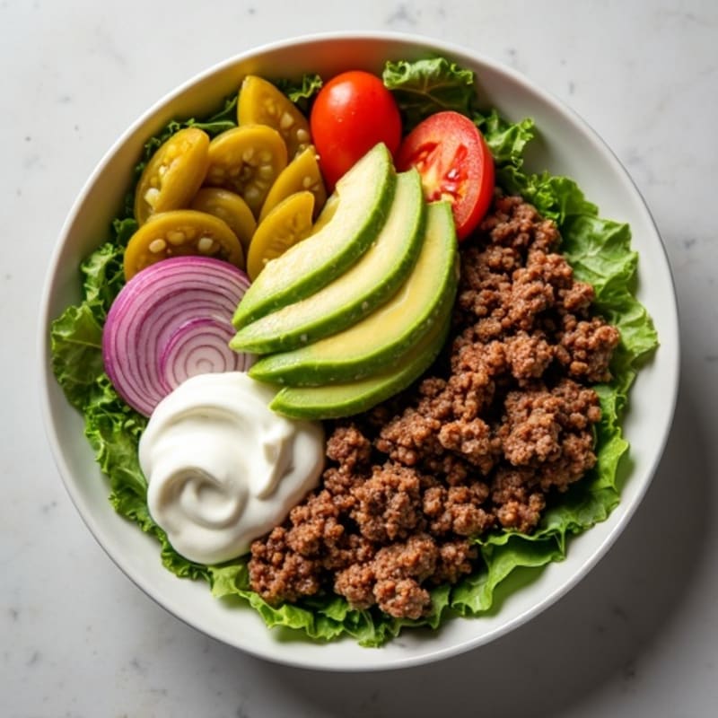 Lean Ground Beef Burger Bowl with Creamy Pickle Dressing