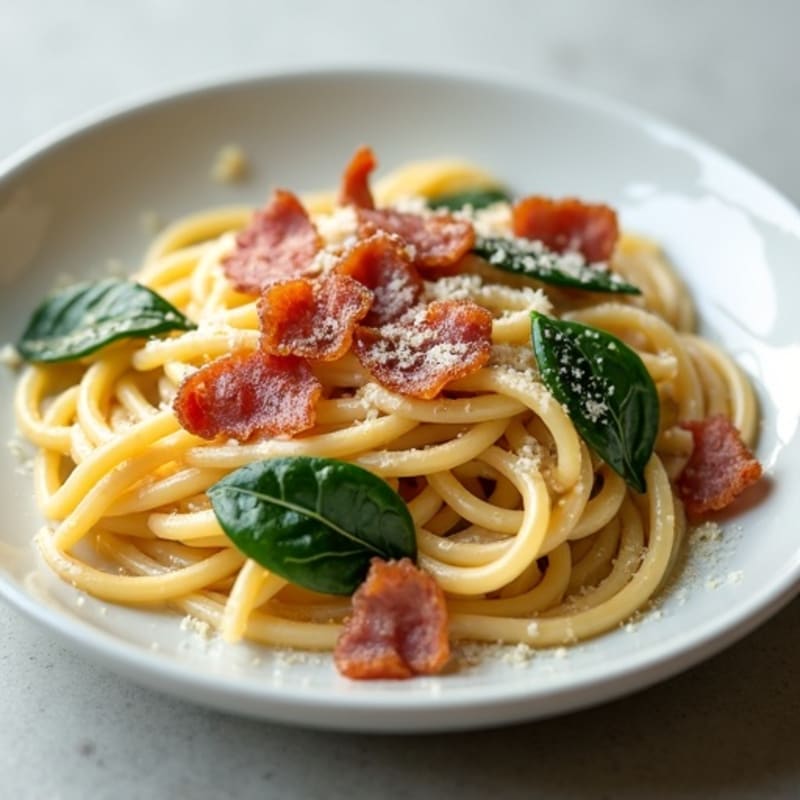 Creamy Whole Wheat Carbonara with Lean Turkey Bacon and Spinach
