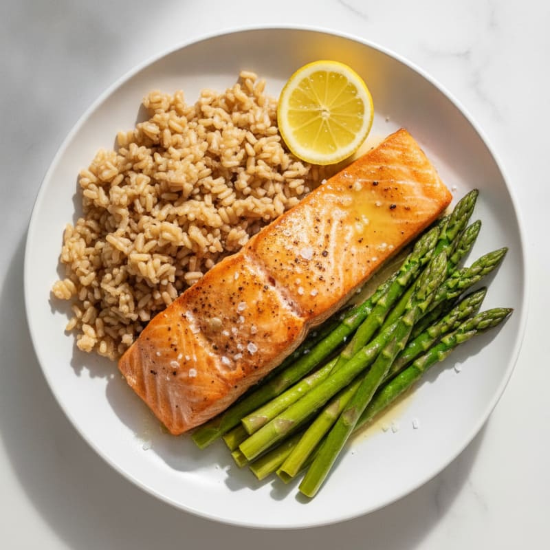 Seared Salmon with Steamed Asparagus and Brown Rice