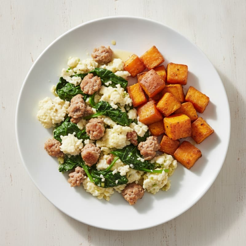 Egg White and Turkey Sausage Scramble with Spinach and Roasted Sweet Potatoes