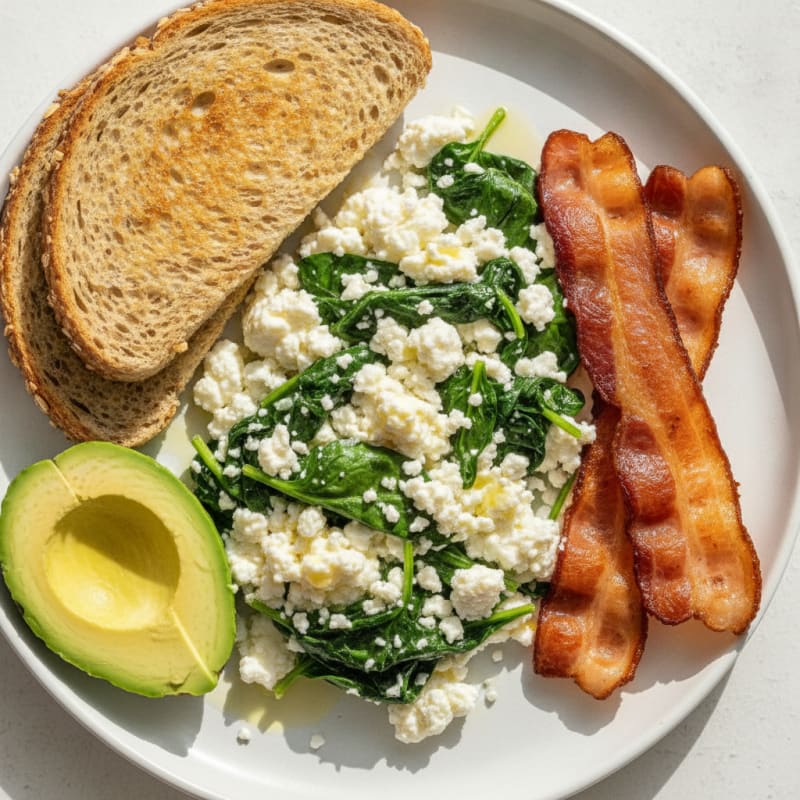 Cottage Cheese and Egg White Scramble with Sautéed Spinach and Turkey Bacon