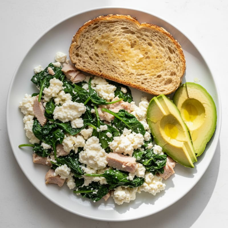 Egg White and Spinach Scramble with Cottage Cheese and Sliced Turkey