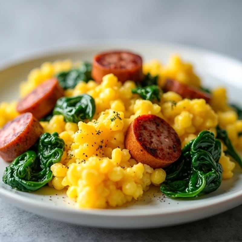 Fluffy Scrambled Eggs with Lean Turkey Sausage and Sautéed Spinach