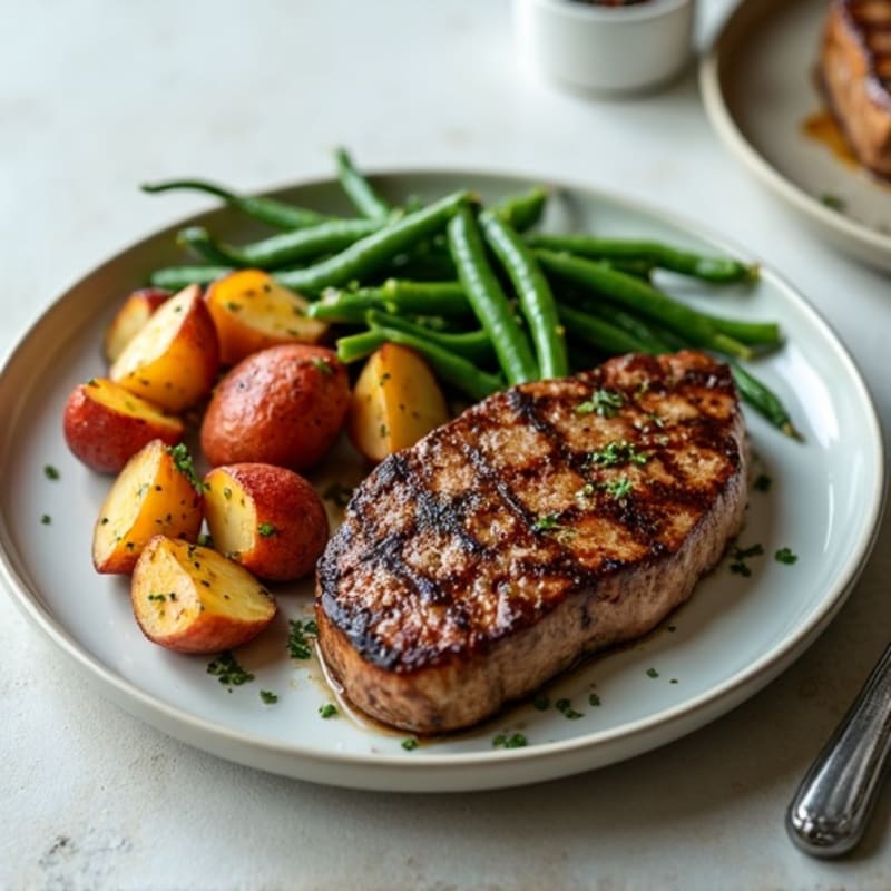 Pan-Seared Steak with Crispy Roasted Potatoes and Garlic Green Beans
