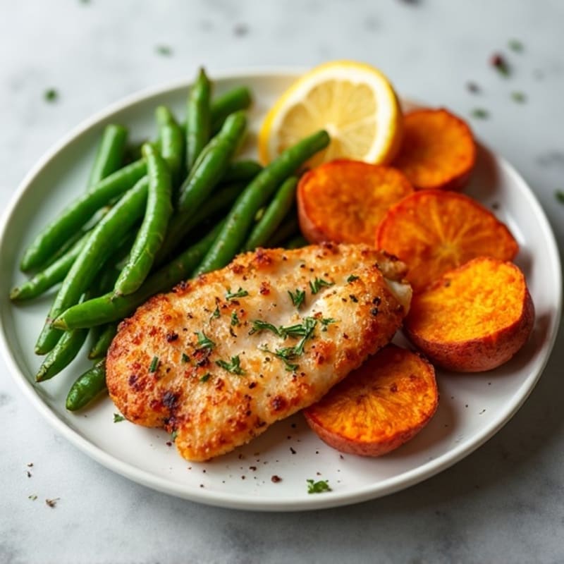 Crispy Baked Sweet Potato Fries with Lemon-Garlic Pan-Seared Chicken and Fresh Green Beans