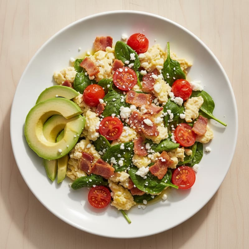 Crispy Turkey Bacon Egg White Scramble with Spinach and Cherry Tomatoes