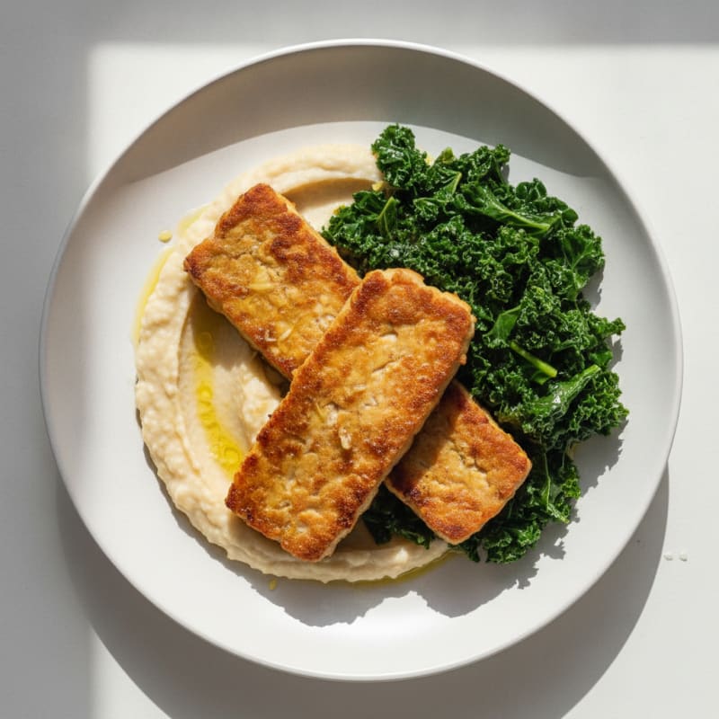 Seared Tempeh with Creamy White Bean Mash and Sautéed Greens
