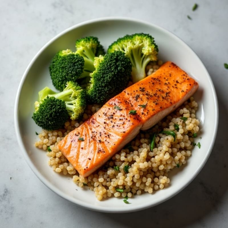 Seared Salmon with Steamed Broccoli and Quinoa