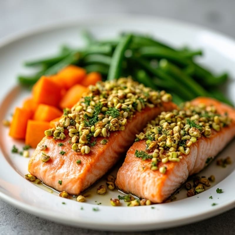 Crispy Lemon-Herb Pistachio Salmon with Roasted Sweet Potatoes and Green Beans