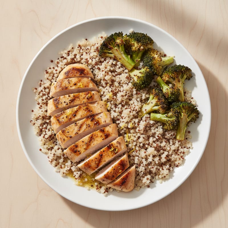Grilled Lemon Pepper Chicken Breast with Quinoa and Roasted Broccoli