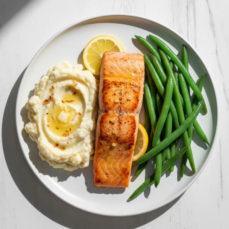 Seared Salmon with Steamed Green Beans and Garlic Mashed Cauliflower