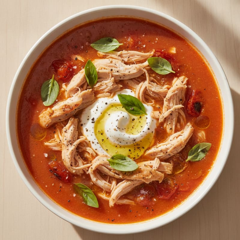 Roasted Tomato Basil Soup with Shredded Chicken