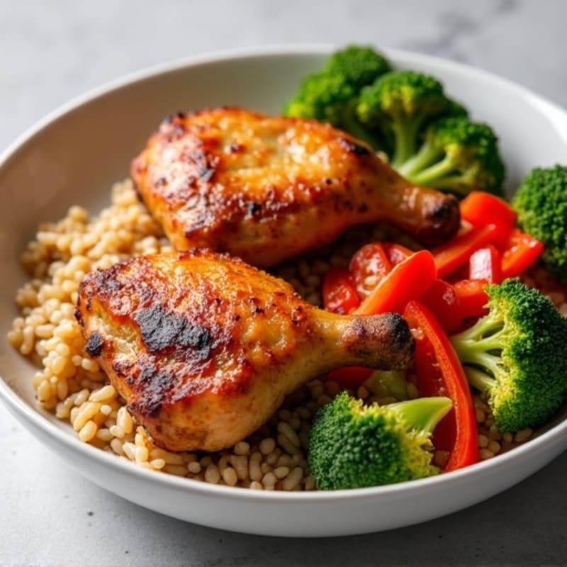 Crispy Roasted Chicken Thigh and Vegetable Rice Bowl