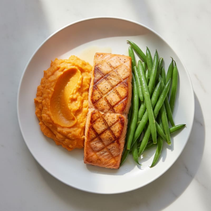 Seared Salmon Fillet with Steamed Green Beans and Sweet Potato Mash