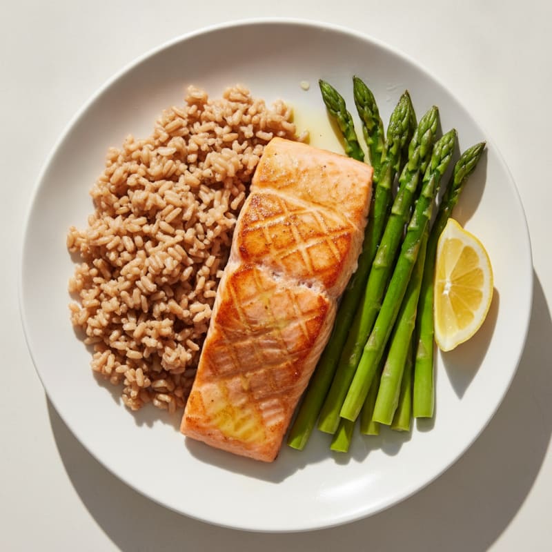 Seared Salmon Fillet with Steamed Asparagus and Brown Rice