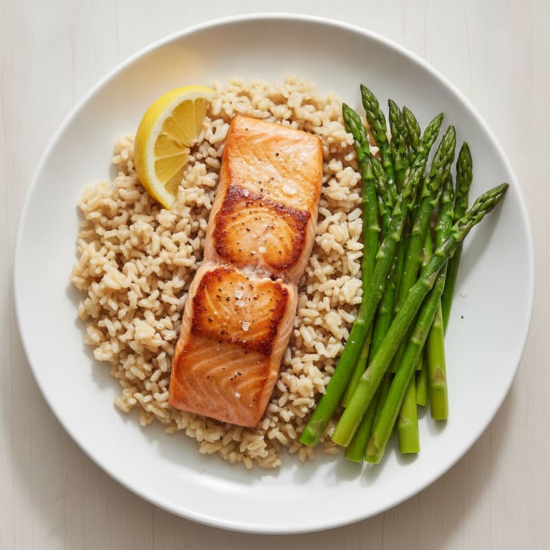 Seared Salmon Fillet with Steamed Asparagus and Brown Rice