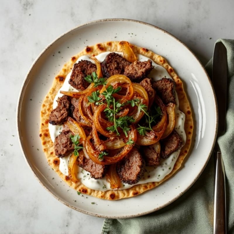 Garlic-Herb Steak Flatbread with Caramelized Onions