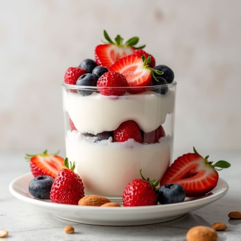 Vanilla Greek Yogurt Protein Parfait with Berries and Almonds