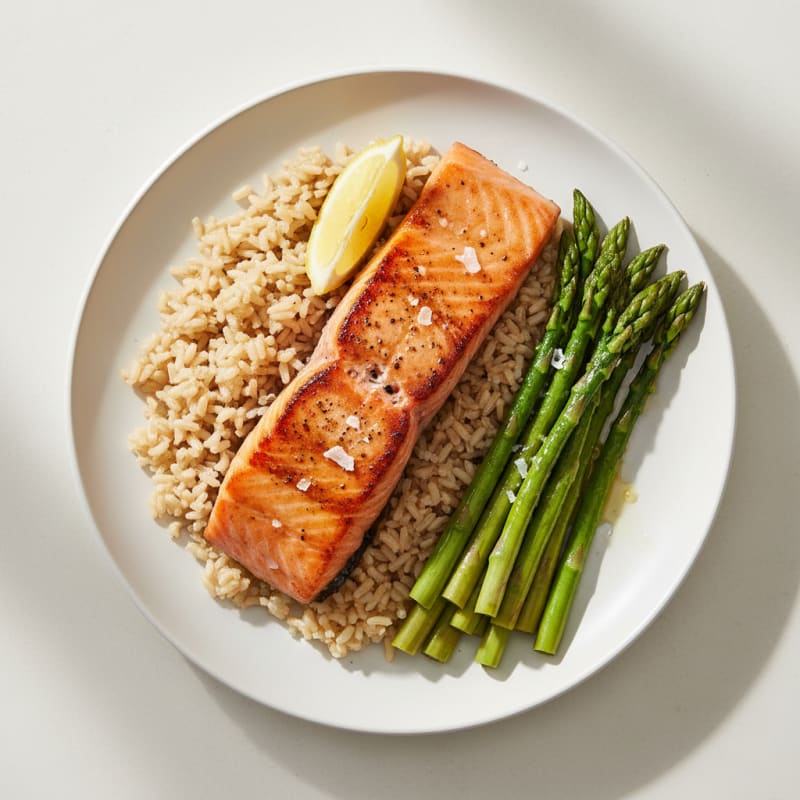 Seared Salmon Fillet with Steamed Asparagus and Brown Rice