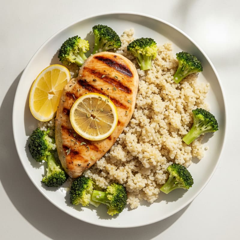 Grilled Chicken Breast with Steamed Broccoli and Quinoa