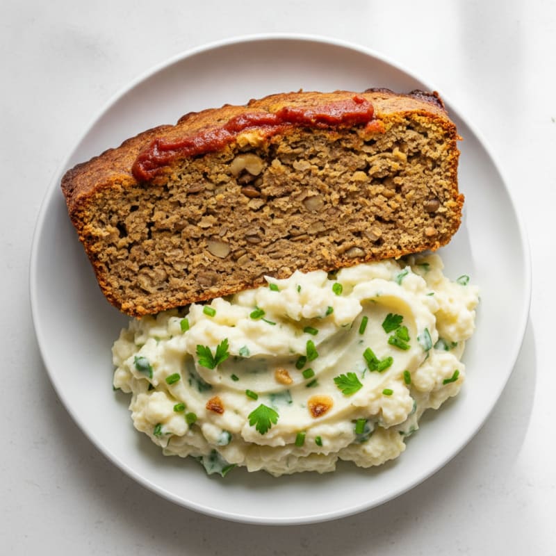 Lentil Walnut Loaf with Garlic Herb Mashed Cauliflower