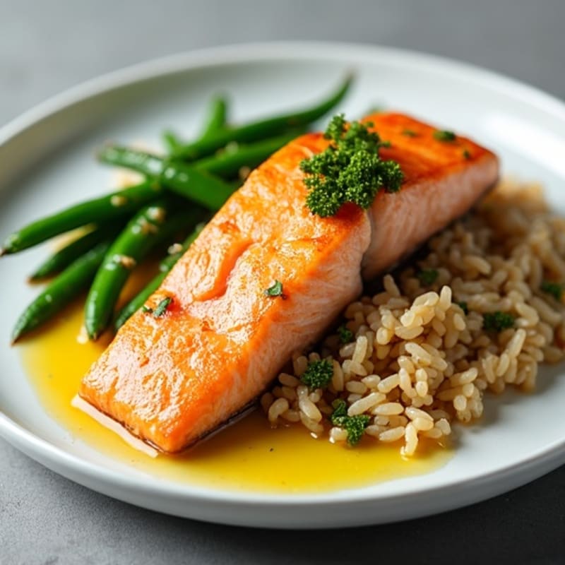 Seared Salmon with Garlic Green Beans and Brown Rice