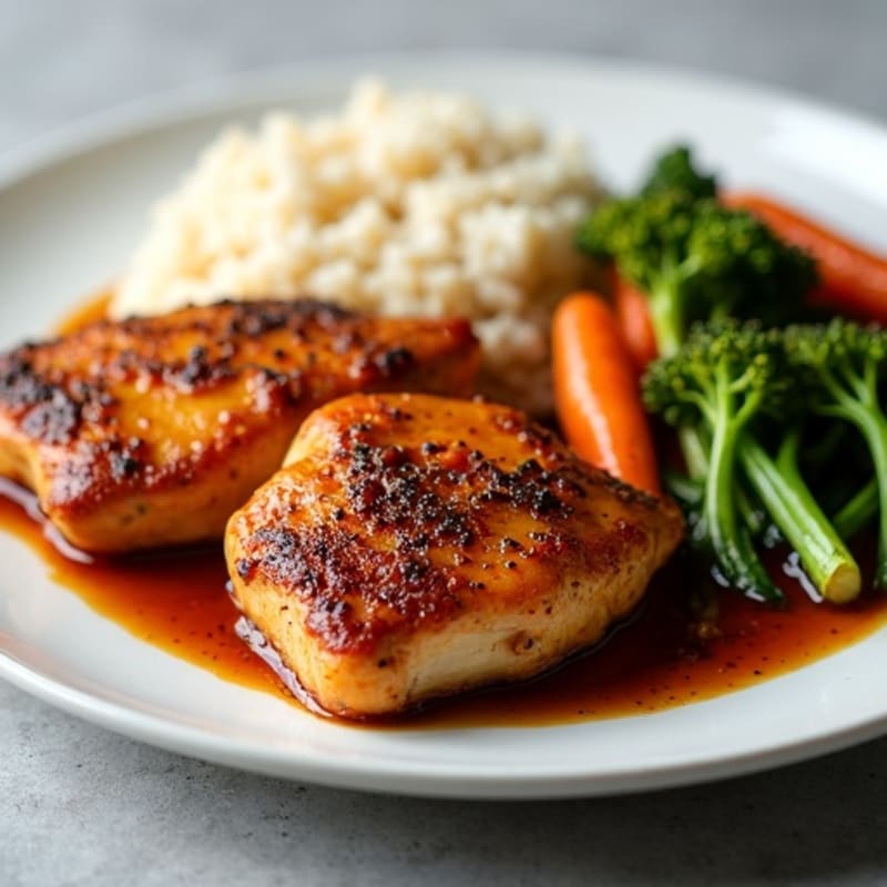 Pan-Seared Chipotle Soy Chicken Thighs with Roasted Broccolini, Carrots, and Rice