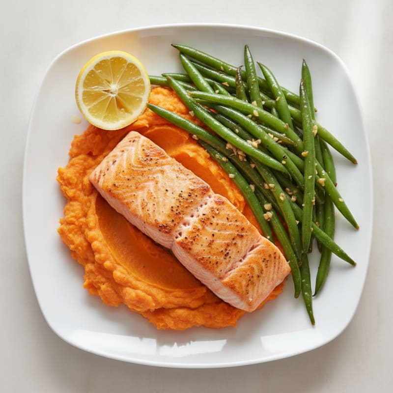 Seared Salmon with Garlic Green Beans and Sweet Potato Mash