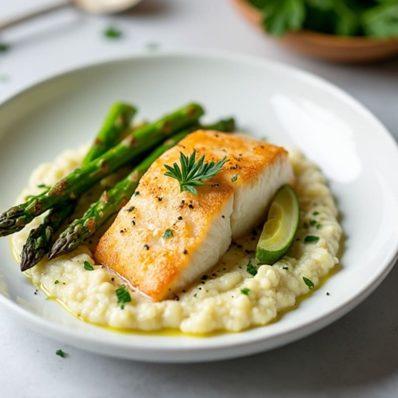 Seared Cod with Roasted Asparagus and Cauliflower Mash