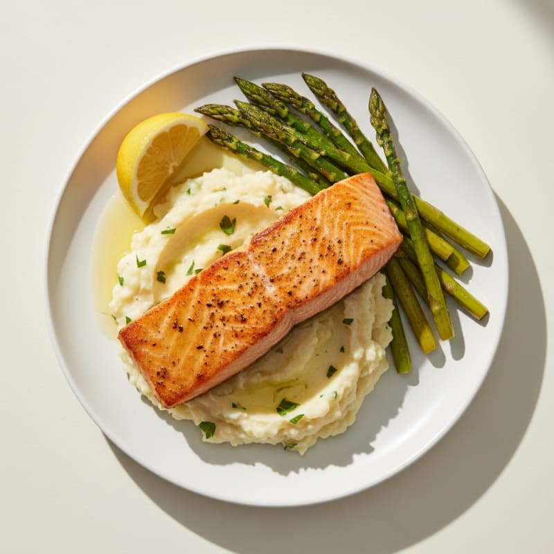 Seared Salmon Fillet with Roasted Asparagus and Cauliflower Mash