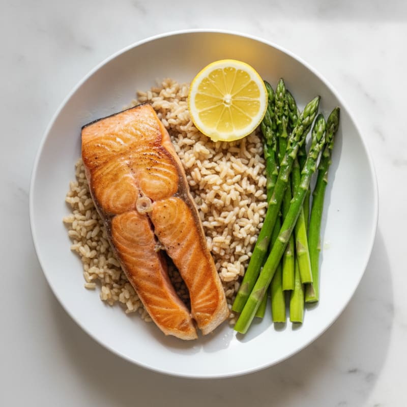 Seared Salmon with Steamed Asparagus and Brown Rice