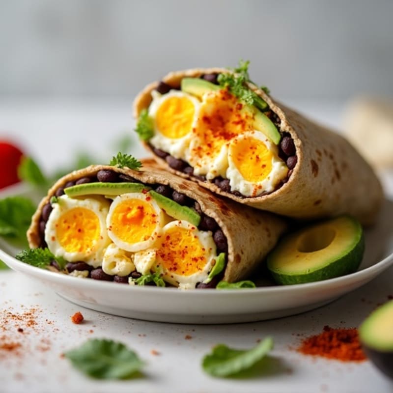 Spicy Egg and Black Bean Whole Wheat Burrito with Creamy Avocado