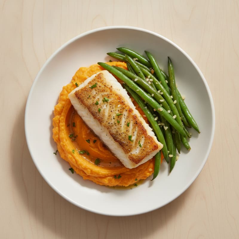 Herb-Roasted Cod with Garlic Green Beans and Sweet Potato Mash