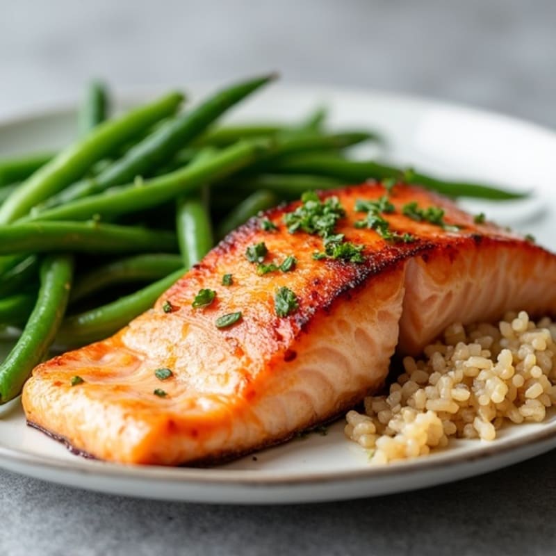 Seared Salmon Fillet with Garlic Green Beans and Brown Rice