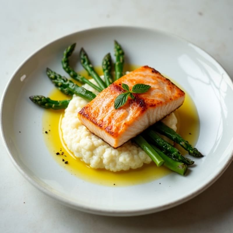Seared Salmon with Steamed Asparagus and Cauliflower Mash