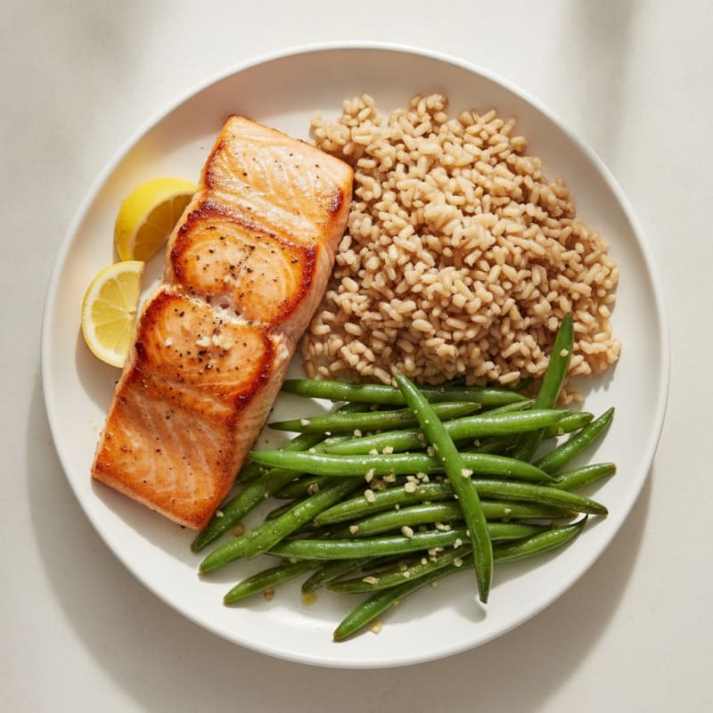 Seared Salmon with Garlic Green Beans and Brown Rice