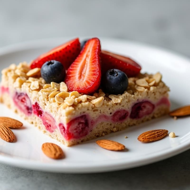 Creamy Vanilla Protein Oatmeal Bake with Mixed Berries and Toasted Almonds