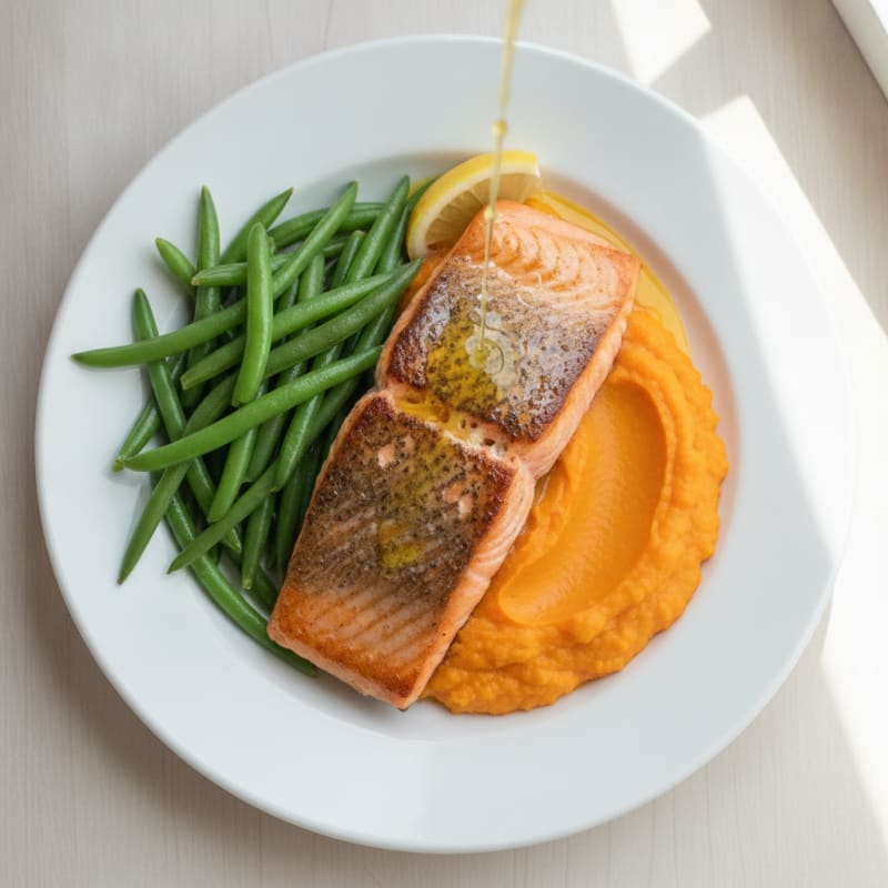Seared Salmon Fillet with Steamed Green Beans and Sweet Potato Mash
