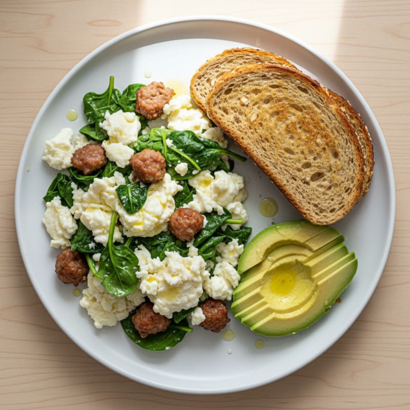 Egg White Spinach Scramble with Turkey Sausage
