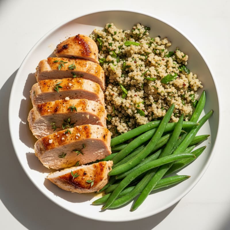 Seared Turkey Breast with Steamed Green Beans and Herbed Quinoa