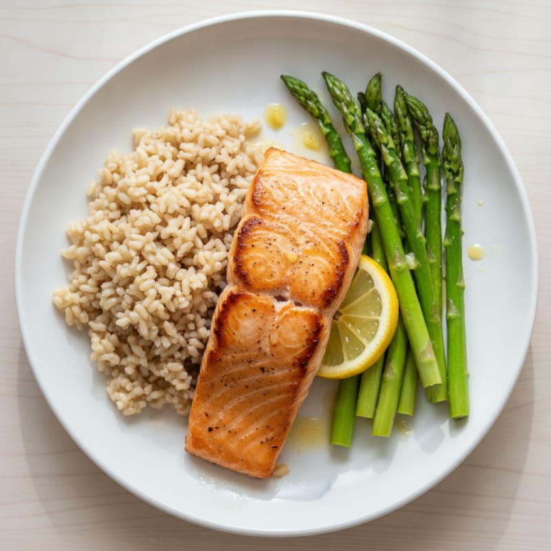 Seared Salmon with Steamed Asparagus and Brown Rice