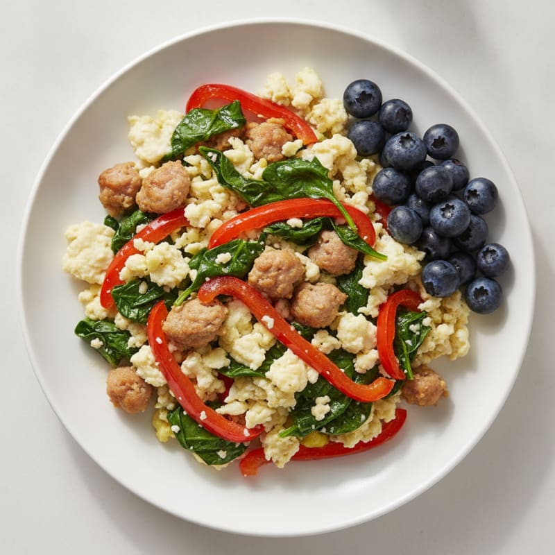 Egg White and Turkey Sausage Scramble with Spinach and Bell Peppers