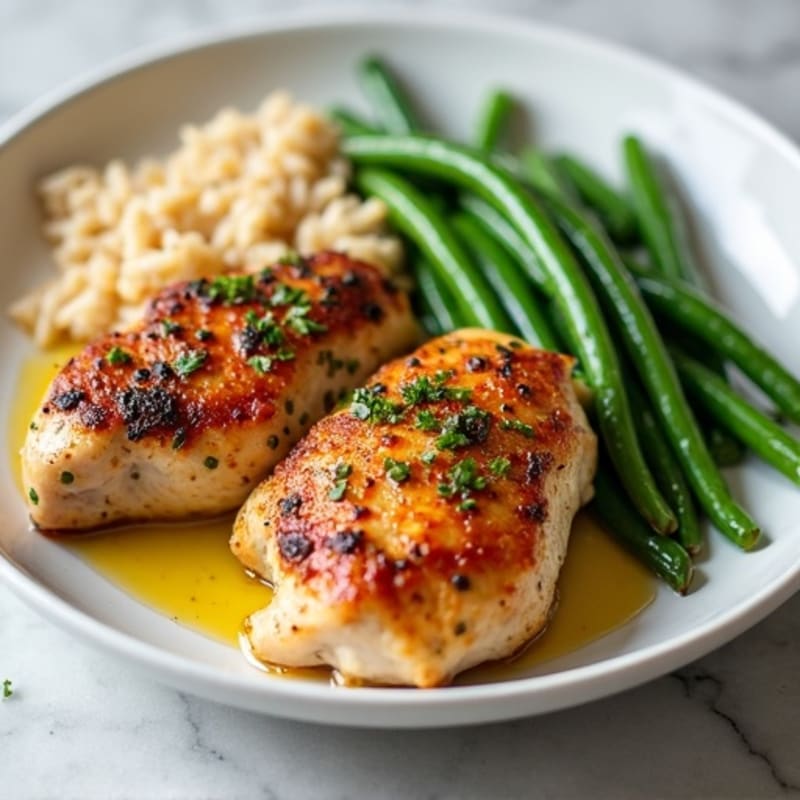 Seared Chicken Thighs with Steamed Green Beans and Brown Rice