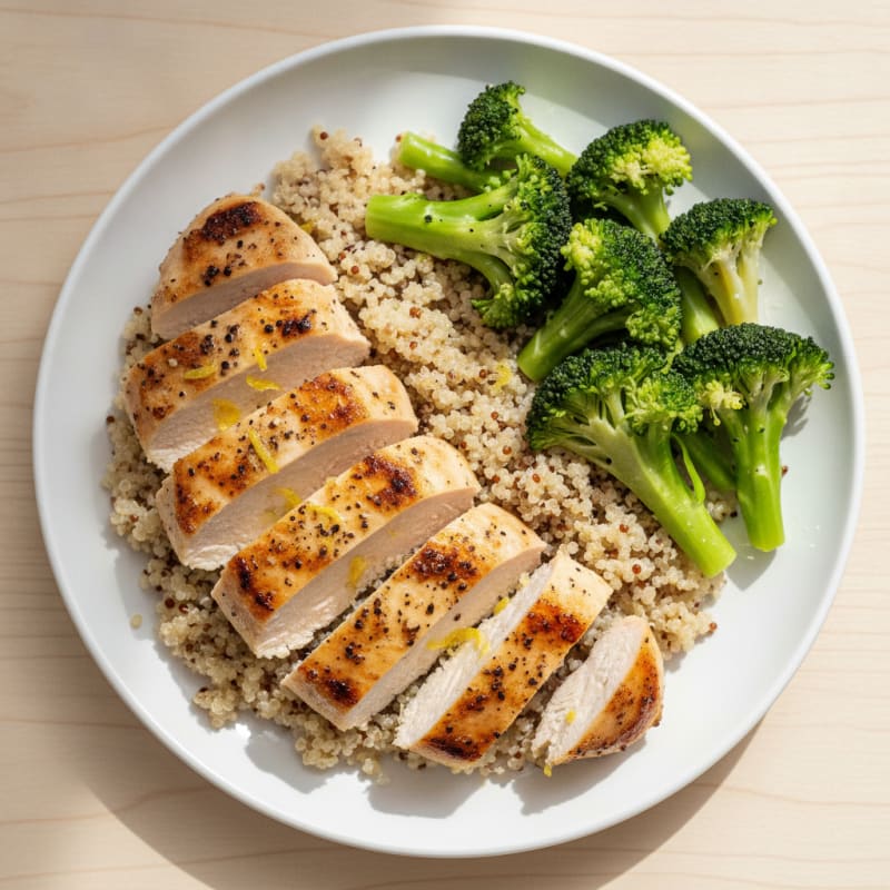 Grilled Lemon Pepper Chicken Breast with Quinoa and Steamed Broccoli