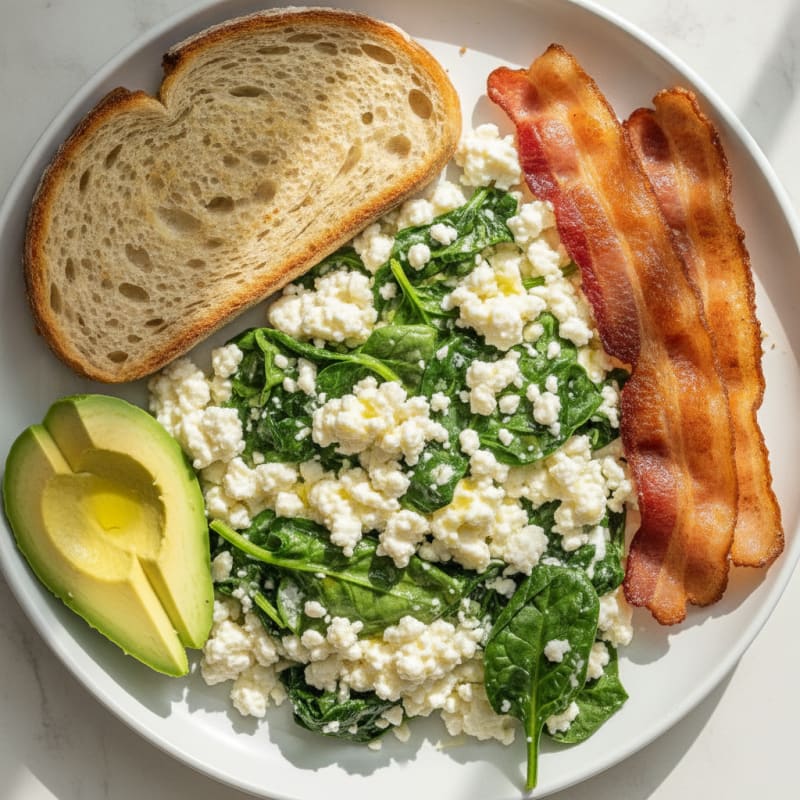 Cottage Cheese Scramble with Spinach and Turkey Bacon