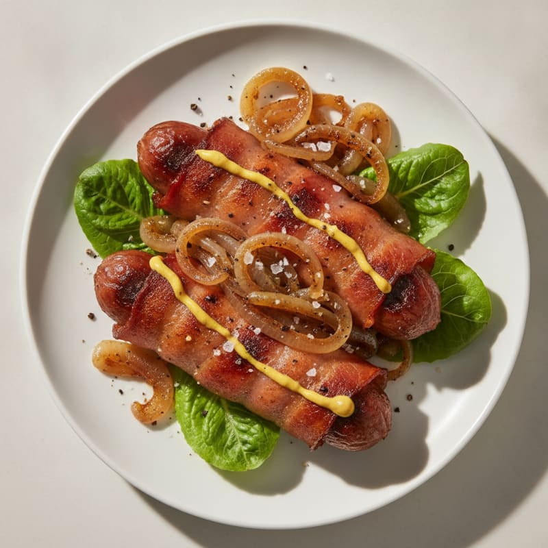 Bacon-Wrapped Hot Dogs with Caramelized Onions